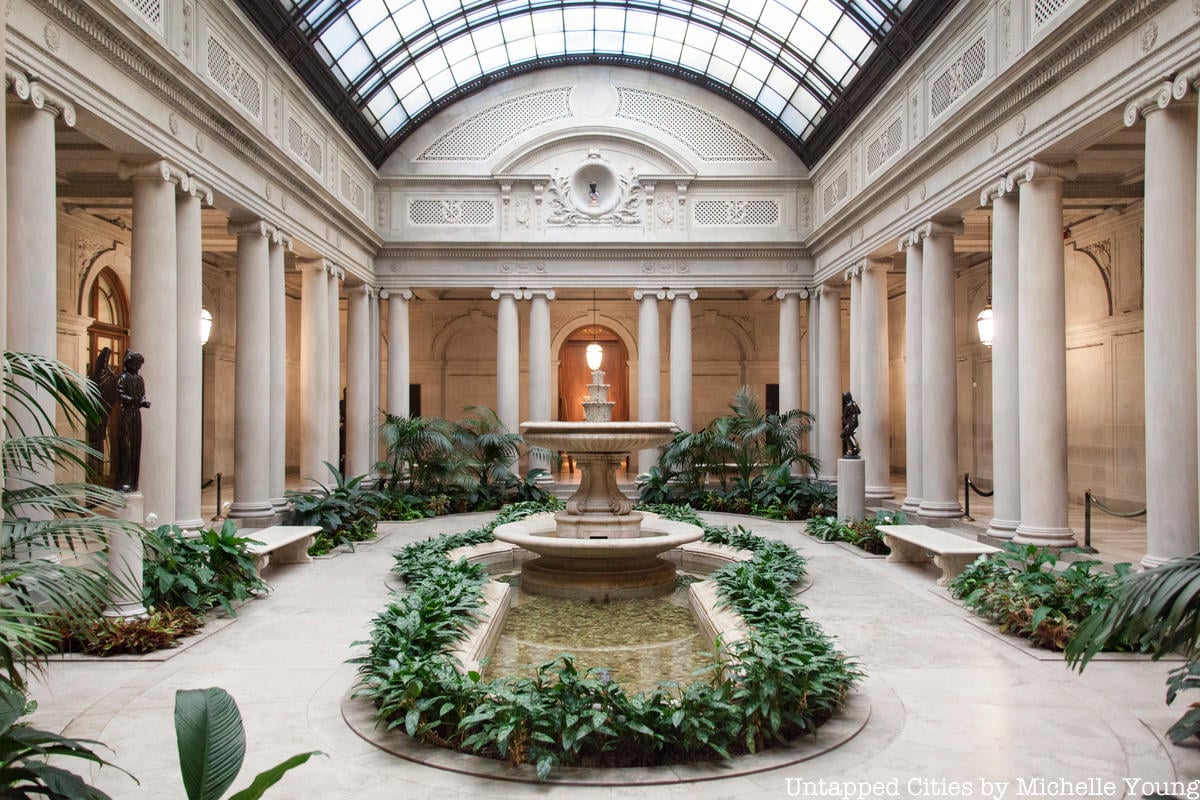 The Atrium inside the Frick, featuring an indoor fountain