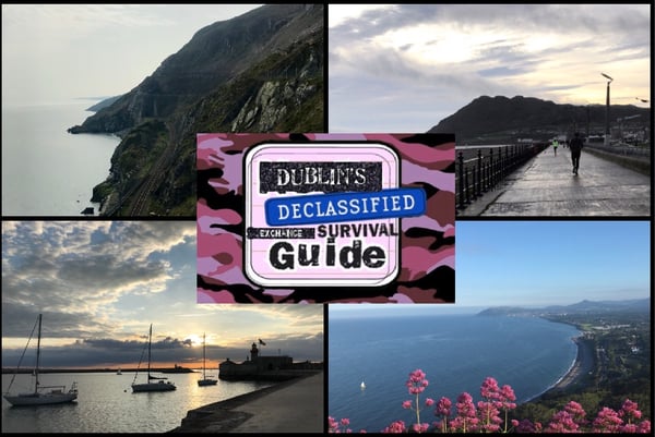 Collage of photos of Bray Head, Dun Laoghaire Pier and boats in harbour, Killiney Beach and Bray seafront