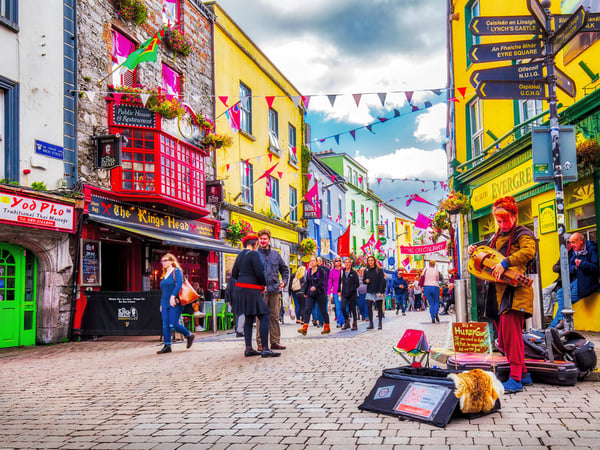 Busy city street scene in Galway