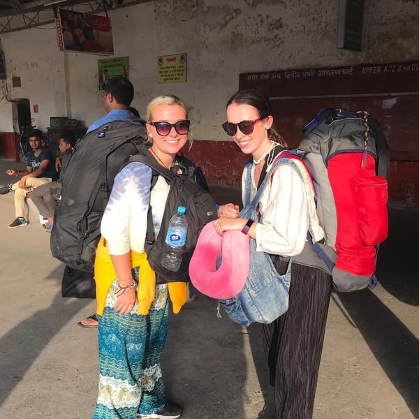 Myself and Grace waiting on a train from Varanasi - Agra