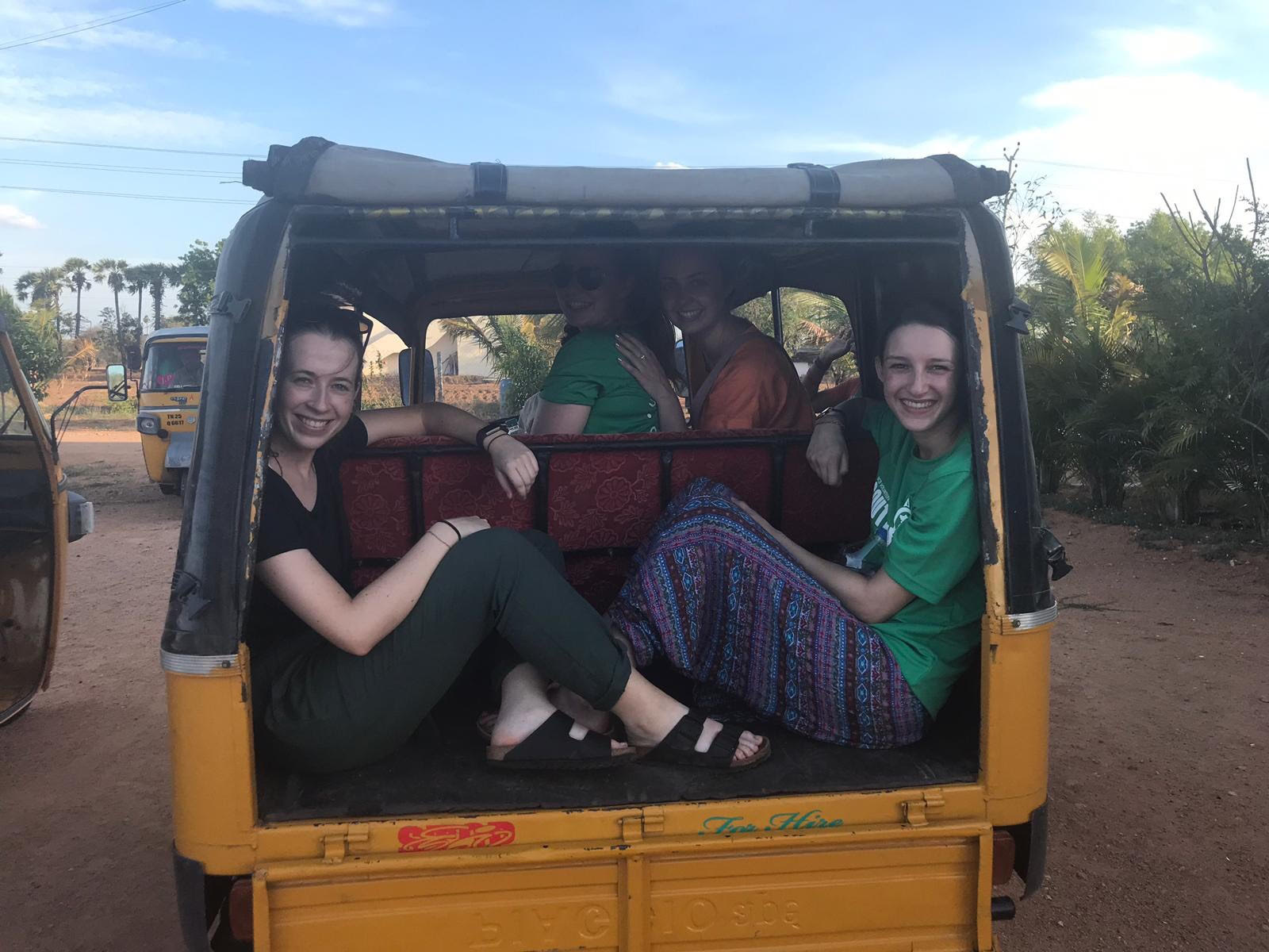 Myself, Aisling, Niamh and Trisha taking the local auto in Indhrivanam to Gengaporam
